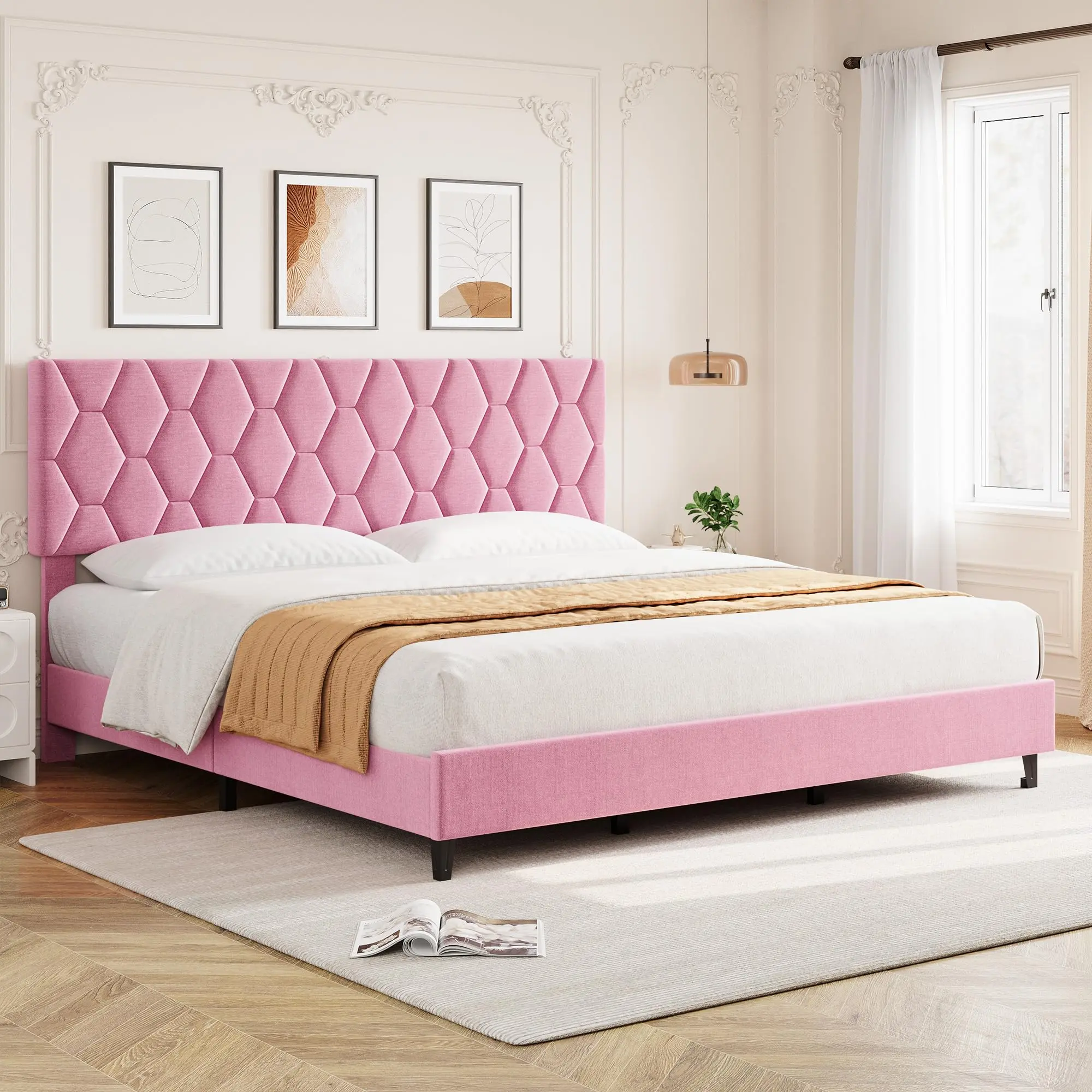 King Size Contemporary Upholstered King Bed Frame with Adjustable Headboard - Pink Diamond Block Design, Heavy-Duty Metal Bed Frame with Strong Wood Slats, 900lb Capacity, Noise-Free, No Box Spring Needed, Easy Setup, Assembly Required, Contemporary Uphol