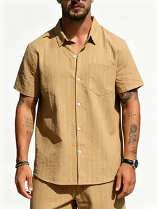 Summer Men's Vertical Stripe Linen Short Sleeve Shirt, Breathable Texture Casual Blouse, Loose Fit Lapel Top, Versatile Everyday Wear