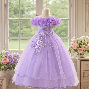 0031 Floral Mesh Dress For Kids Girls White Formal Gown For Valentine's Day Party Wedding Prom Ball Dance Performance Elegant Fancy Dress Suit For Wedding Party