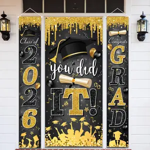 Black and Gold Graduation Decorations Class of 2026 Congrats Grad Banner and You Did It Door Cover for High School College Grad Party Supplies