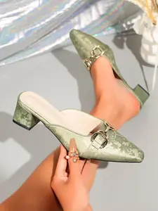New Retro Metal Buckle Mules for Women, Summer Outdoor High-Heeled Slippers, Textile Upper, Rubber Sole, Fashionable Plain Design