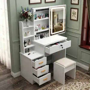 Makeup Vanity Desk with LED Lighted Mirror and Makeup Stool & 4 Drawers,Space-Saving Vanity Table