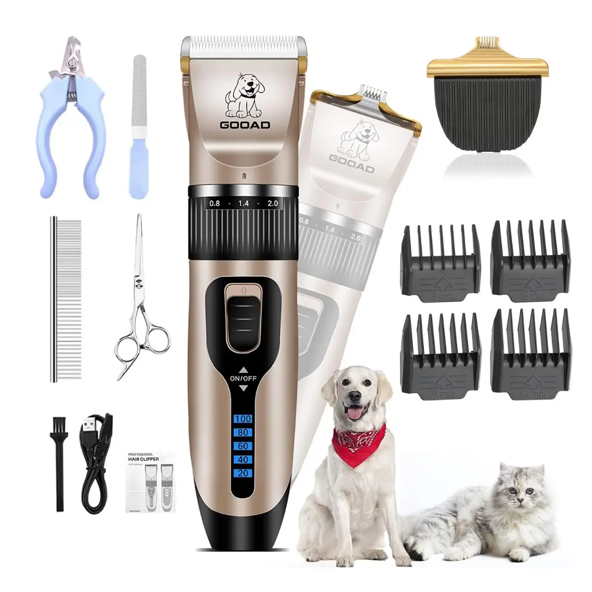Cordless Rechargeable Dog Grooming Clippers Kit - Low Noise Electric Trimmer for Heavy Thick Hair/Coats, Paw Trimmer for Small & Large Dogs, Cats