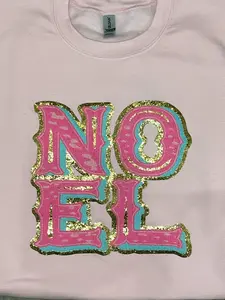 Woman's Pink Unisex Gildan Sweatshirt with Chenille NOEL Patch & Gold Glitter Border Comfortable Christmas Cotton Long Sleeve Winter Women's Fashion Top