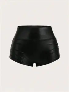 Women's PU Fabric Leather, Trendy European Style Ruched Design, Comfortable Summer Wear, Fashionable Women's Bottoms, Casual Fitted Shorts