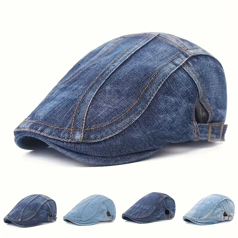 Unisex Vintage Washed Denim Newsboy Beret Cap - Stylish Adjustable Size Retro Painter Hat for Casual Everyday Wear, Painter Silhouette