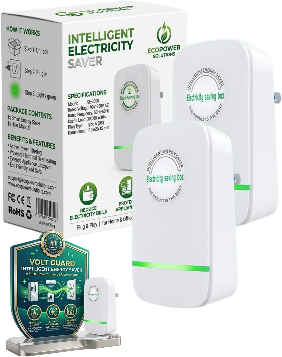 2-Pack Office Equipment Power Saving Boxes - Energy Conservation Device with Smart Technology, Fireproof, Overheat Protection, Overheat Safe, Stops Vampire Power, Lowers Electric Bills for Indoor Household Use