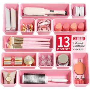 Pack of 13 - Plastic Drawer Organizers Set, 3 Sizes Desk Drawer Organizer Trays for Vanity and Makeup Organizer, Organization and Storage for Makeup, Kitchen Utensils, Bathroom and Office, Pink