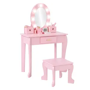 Kids Vanity Table and Chair Set – Wooden Princess Makeup Dressing Table with Lighted Mirror, Stool, Storage Drawer & Compartments – Pretend Play Vanity