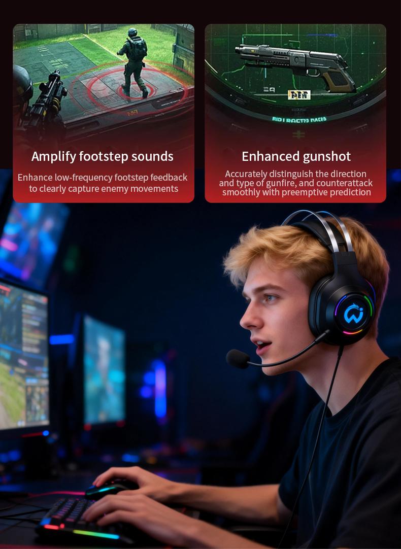 Stereo gaming headphones for PS4, PC, Xbox One, PS5 game console, PC and laptop, headphones with microphone, LED lights, 7.1 surround stereo, wired headphones, RGB lighting, USB-A, high-resolution studio monitoring/mixing/DJ stereo headphones