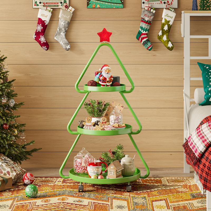 【New Year New Me】Pinmoco Christmas Tree Snack Shelf Cart, Halloween & Christmas Decorations Cupcake Tray Holiday Festival Wedding Bar Party Supplies, 3-Tier Rolling Stand for Festive Decor & Food Display