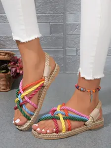 Rainbow Color Block Braided Rope Unique Texture Flat Sandals for Women, Cross Strap Open Toe Roman Shoes, Summer Casual Beach Footwear