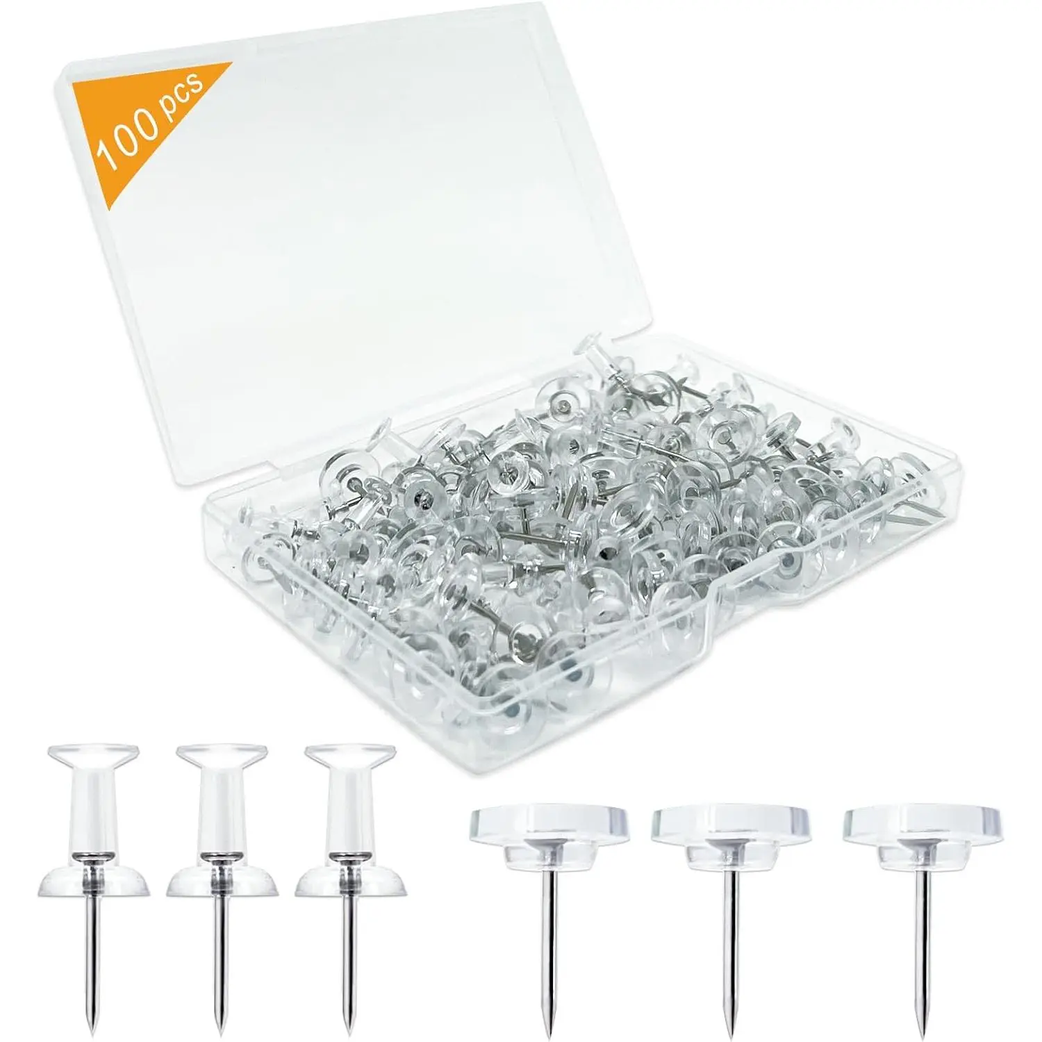 100-Pack Heavy-Duty Tacks and Push Pins - Clear Flat- Thumbtacks with Storage Box for Office, , Classroom & Cork Boards