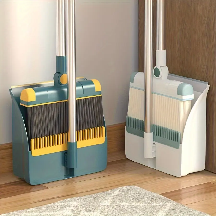 1 Set Blue Broom and Dustpan Home Cleaning Bundle - Thick Stainless Steel Pole, Rotatable & Foldable Design, Sturdy Soft-Bristle Broom, Durable Plastic Dustpan for Indoor Deep Cleaning, Holiday Use, With Dustpan
