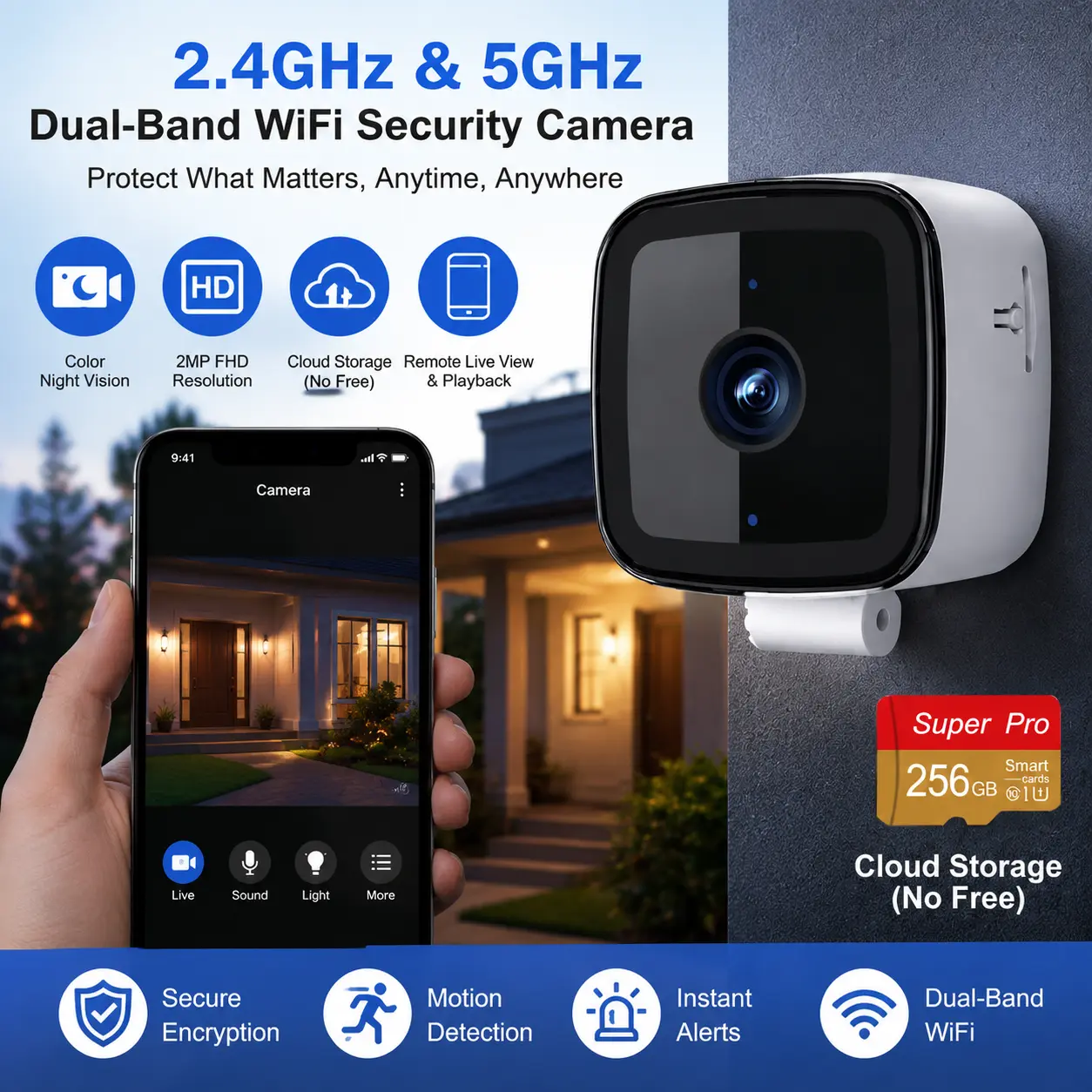 Smart WiFi Security Camera, 2.4GHz & 5GHz Dual Band Indoor Outdoor Home Camera with Color Night Vision, Motion Detection, Remote Live View & Playback
