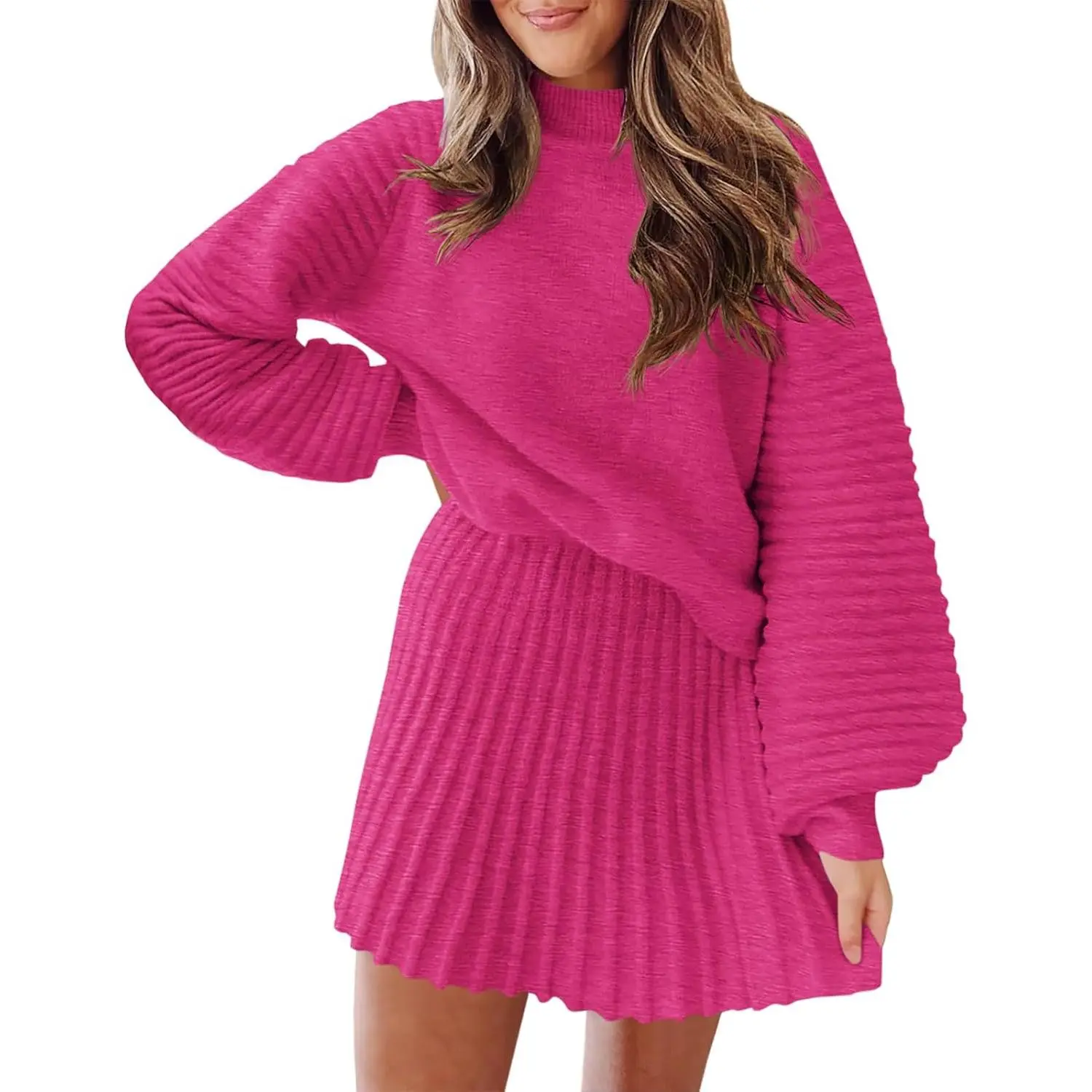 Imily Bela Women's 2 Piece Outfits 2024 Long Sleeve Mock Neck Ribbed Sweaters And Mini Skirt Two Piece Sets