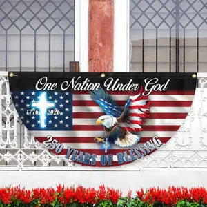 One Nation Under God Patriotic Polyester Bunting Banner, American Flag Eagle Half Round Porch Banner, USA Fourth of July Independence Day Porch Fence Railing Decor, Patriotic Outdoor House Decoration