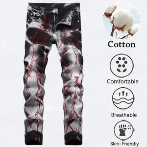 Streetwear Men's Printed Denim Pants, Comfortable Breathable Skin-Friendly Casual Trousers