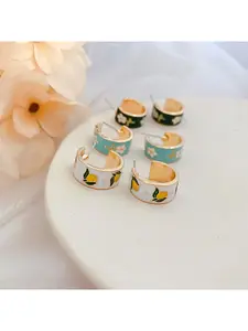 New Vintage French C-shaped Hoop Lemon Flower Enamel Earrings Studs, Fresh Dangle Earrings