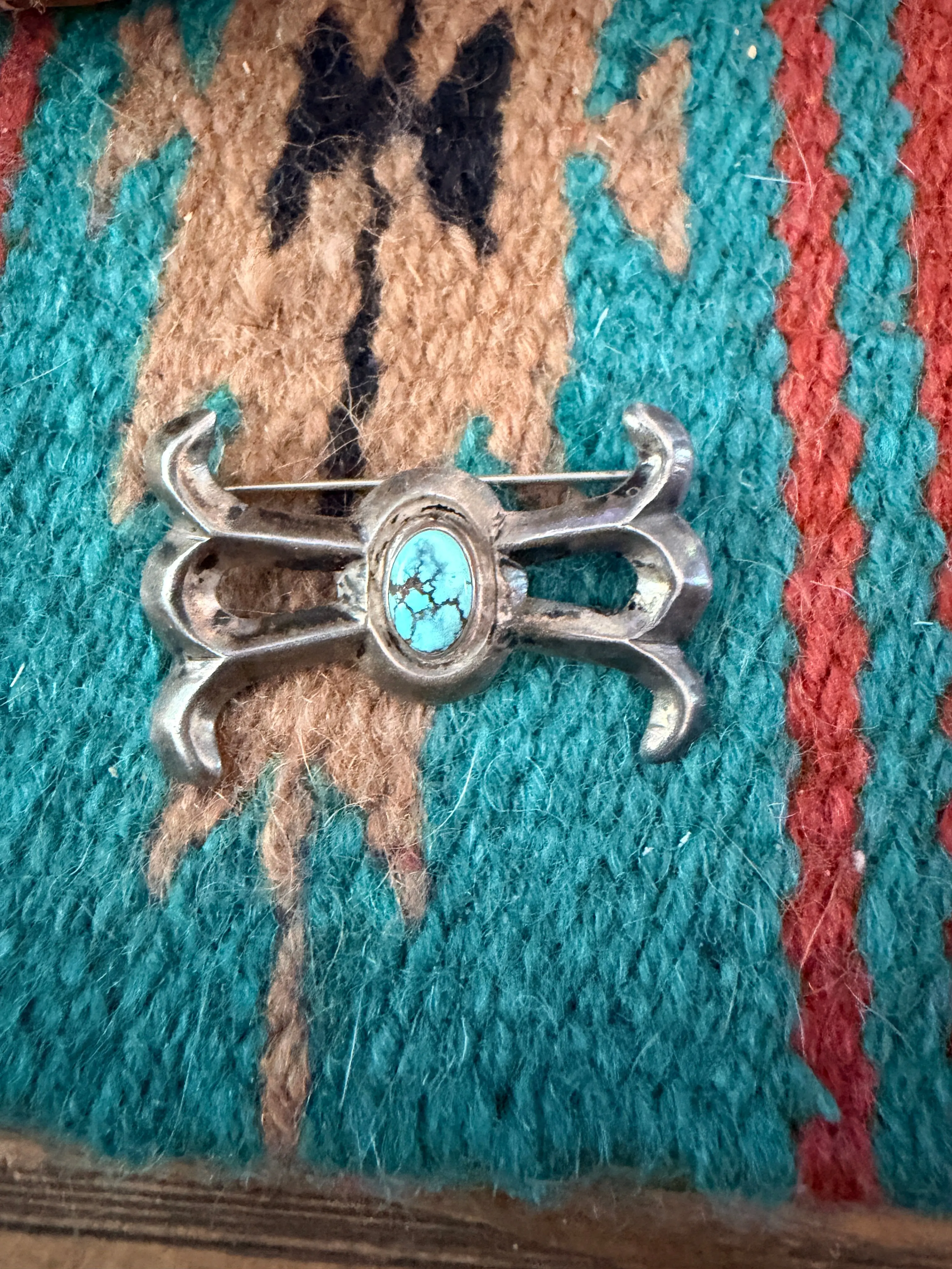 Old Pawn Handcrafted Turquoise and Sterling Silver Brooch
