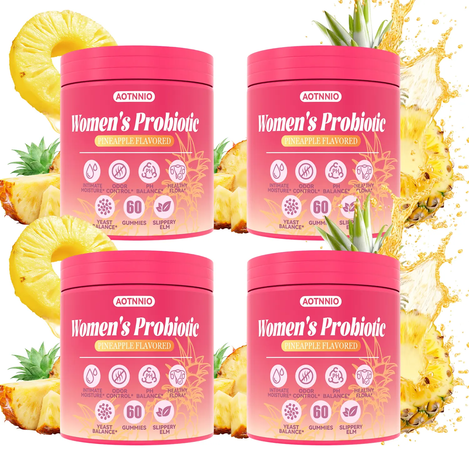 Feminine Probiotic Chewable Gummies, Pineapple Flavor, Multi-Strain Lactobacillus Blend with Prebiotics, Supports Digestive Health, 60 Count