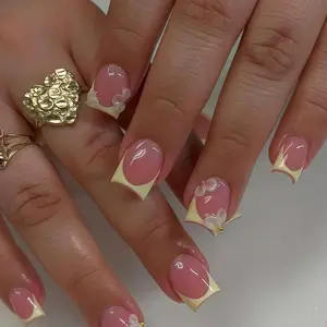 24 Pcs Short Square Nail Tips, Cream French Edge, 3D Flowers & Gold Beads, Glossy Jelly False Nails, Reusable, Includes Glue & File, Glossy Fake Nails