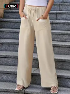 Women's Colorblock Pocket Pants, Casual Comfy Wide Leg Pants for Daily Wear, Ladies Bottoms for Summer