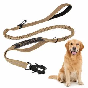 Heavy Duty Tactical Dog Leash with Dual Handles, Shock Absorbing Bungee Leash for Large Dogs, Reflective Nylon Pet Lead with Car Seat Belt Buckle