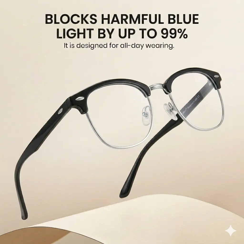 Cyxus Retro Round Anti Blue Glasses - Women's Men's Semi-Rimless Lightweight Metal Frame Eyewear with PC Lens, UV Blocking for Computer Gaming, Entertainment, Tac, High Quality Eyewear, Radiation Glasses, Adults, All-Day Wearing, Durable