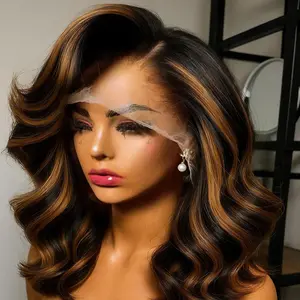 P1B/30 Highlight Bob Wig Human Hair 13X4 Ombre Lace Front Wigs Human Hair 180% Body Wave Short Bovb Brown Colored Human Hair 13X4 HD Transparent Lace Frontal Wig Pre Plucked With Baby Hair