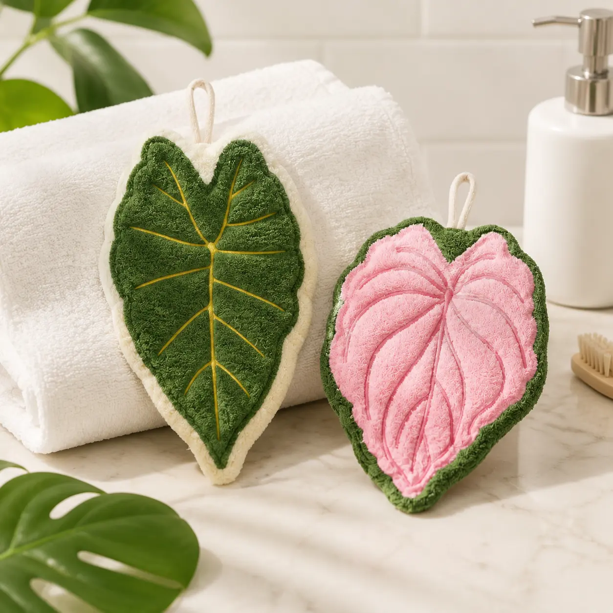 2PCS Leaf Shaped Hanging Hand Towels, Microfiber Kitchen Towels Absorbent Cleaning Cloth for Bathroom and Kitchen Cleaning Use