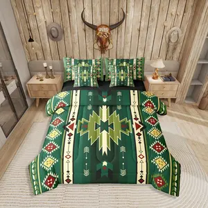 Southwestern Aztec 7 Pieces Bedding Set,Ethnic Mexican Bohemian Bed in a Bag,Green Red Yellow Bed Set,Includes Comforter,Sheet Set,Pillowcases & Pillow Covers,Geometric Diamond Bedroom Decor