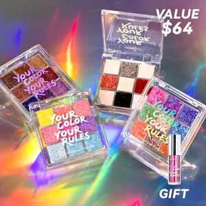 Ourbella Duochrome 9 Shades Eyeshadow Palette 4-Piece Bundle Set with gift, Sparkly Iridescent Shimmer Makeup, Super Smooth Formula & HIghly Pigmented Make-up, Color-shifting Eyeshadow, Eyeshadow Make-up bundle set