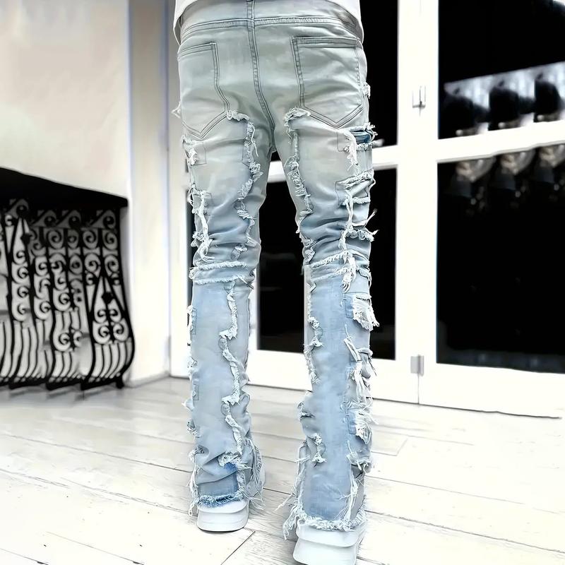 Men's denim pants with patchwork creative straight tube stretch street style denim pants, with pockets,Men's Casual Ripped Skinny Jeans with Frayed Detailing - Stretch Denim Cotton Blend, Slim Fit All-Season Trousers with Solid Color Washed Design