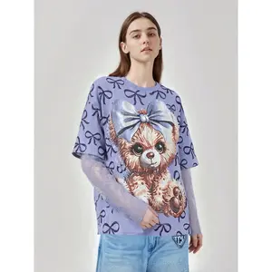 TCH -2026 Spring/Summer Essential Blue T-shirt Fake Two Small Bear Hot Diamond Design for Girls