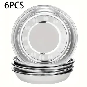 6-Piece Stainless Steel Round Plate Set, Daily Dining Utensils
