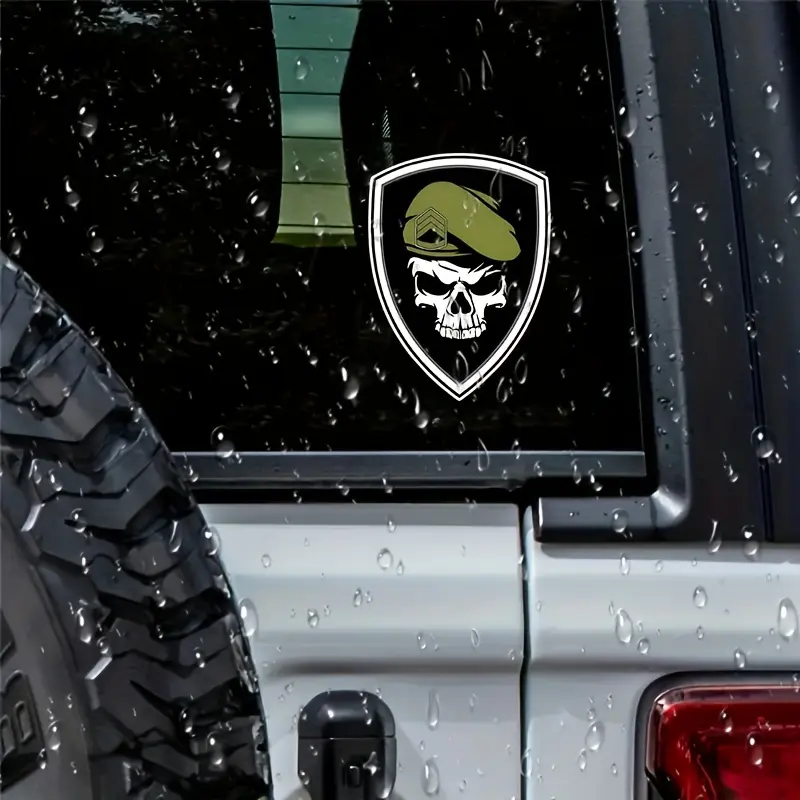 1PC Hardcore "Skull Beret" Logo Sticker, Car Truck Decal, Sticker For Cars, Truck Stickers - For tactical suitcases, military merchandise. Skull + beret + shield design shows vibe. A great choice for military hardcore decor!