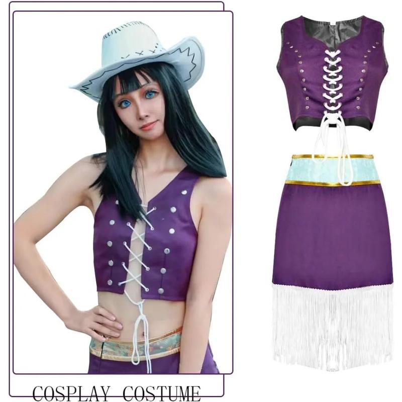 Women Nicos Robin Cosplay Costume, Anime Purple Dress Uniform White Cloak Punk Outfit Halloween for Adult, Novelty Use Costumes