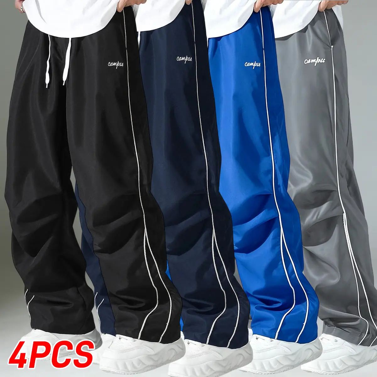 Men’s jogging pants, 4-pack, side stripe detailing, straight loose fit, comfortable, breathable, lightweight—ideal for everyday casual sports.Men's long pants, men's bottoms