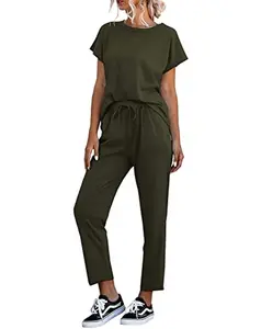 FISOEW Women's 2 Piece Outfits Sets Casual Short Sleeve Crewneck T-Shirts and Pocketed Jogger Pants Summer Tracksuit Set Clothes Batwing Comfortable viral  knit  set