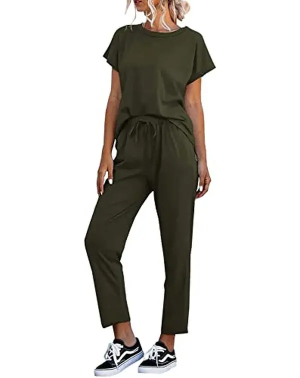 FISOEW Women's 2 Piece Outfits Sets Casual Short Sleeve Crewneck T Shirts and Pocketed Jogger Pants Summer Tracksuit Set Clothes Batwing Comfortable viral knit set