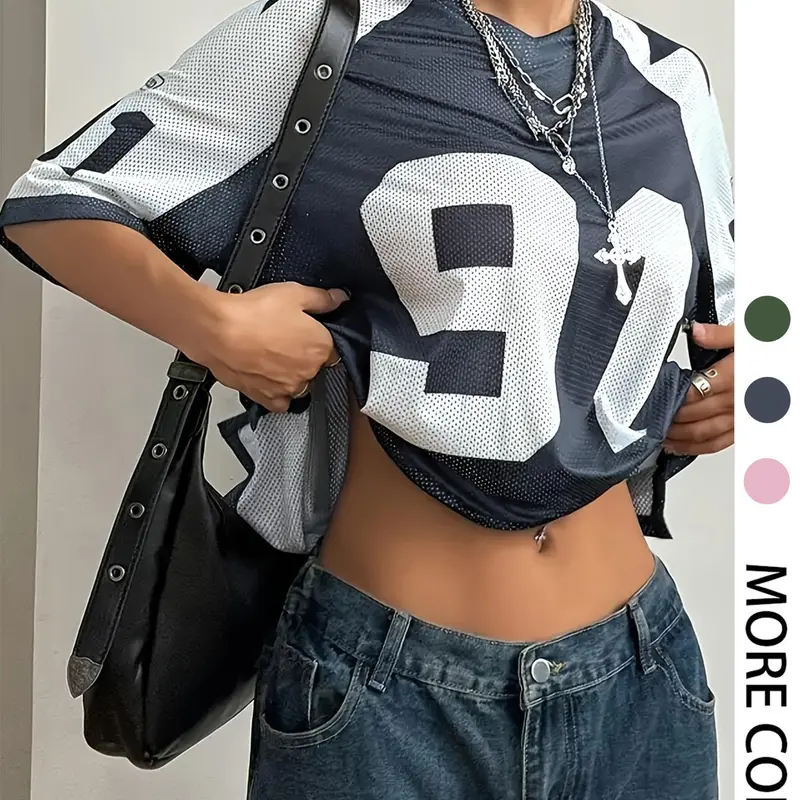 Women's Number Print Tee, Casual Streetwear Loose Half Sleeve Round Neck T-shirt for Summer, Ladies Clothes for Daily Wear, Top, Casual Streetwear Tops