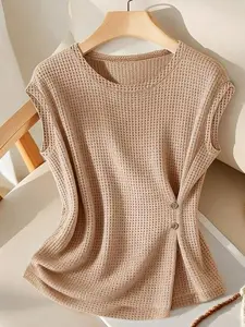 Women's Waffle Knit Vest, Asymmetrical Side Slit Button Sleeveless Sweater, Casual Summer Top, Bohemian Texture, Soft Cotton Blend