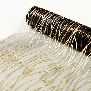 5 Pack Organza 12"x108" Table Runners Black - Gold Wave Design