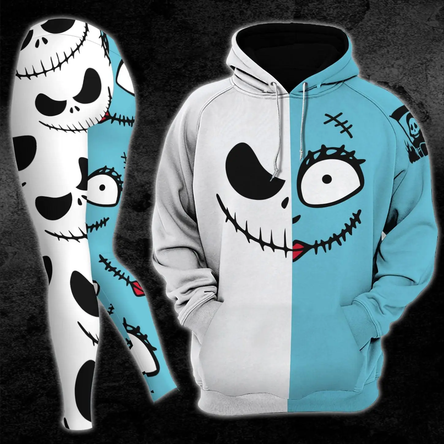 Half Blue Half White Women's Hoodie and Leggings Set | Halloween Skull Graphic Hooded Sweatshirt & Matching Leggings | Spooky Gothic Fall Winter Outfit | Horror Streetwear Activewear Gift for Her