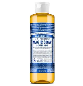 Dr. Bronner's Pure-Castile Magic Liquid Soap (Peppermint, 8 Ounce)- Made with Organic Oils, 18-in1 Uses: Face, Hair, Hand & Body Soap, Laundry, Pets- Concentrated, Vegan, Non-GMO