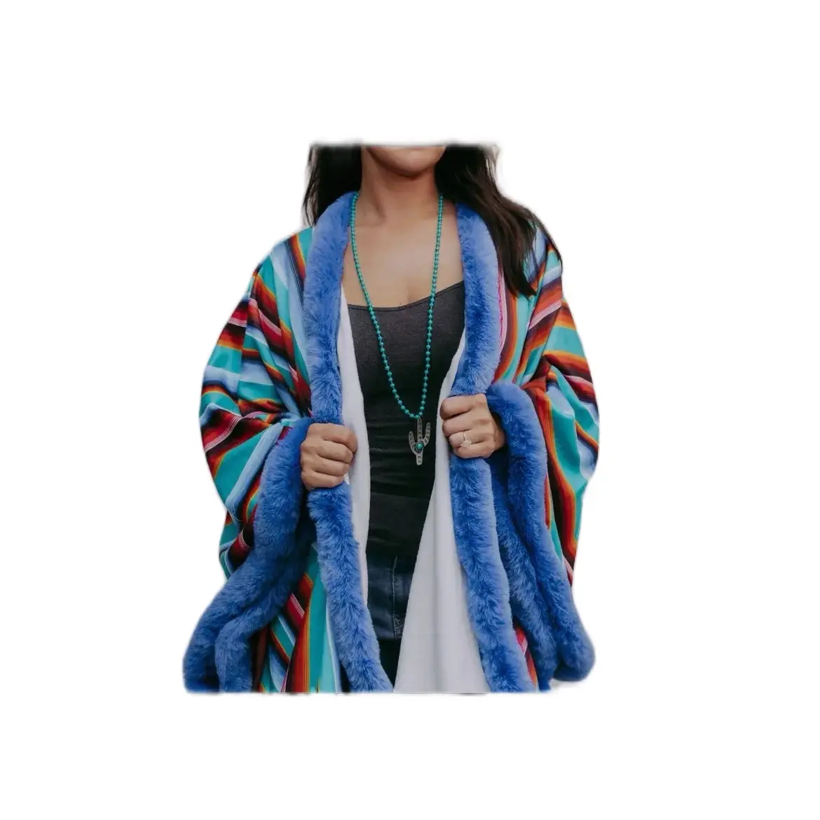 Perfectly Soft Blue Fur Trim Poncho Comfortable Womenswear