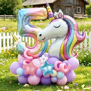 38 Piece Unicorn Birthday Decoration Balloons, Gradient Numbers, Rainbow Unicorn Head, Star/drop Foil, Latex & Long Balloons, Party Decorations