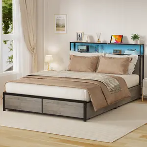 RGB Wrought Iron Bed Frame with Metal Slats Multi-Color Ambient Lighting Headboard Outlet No Spring Mattress Required Ample Storage Space for Single Double Queen King Sizes  SummerVibes