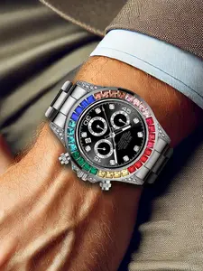 Men's Business Fashion Colorblock Rhinestone Decorated Analog Quartz Watch, Daily Clothing Decor, Trendy All-match & Exquisite Watch for Birthday Gift with Box, Quartz Wristwatch